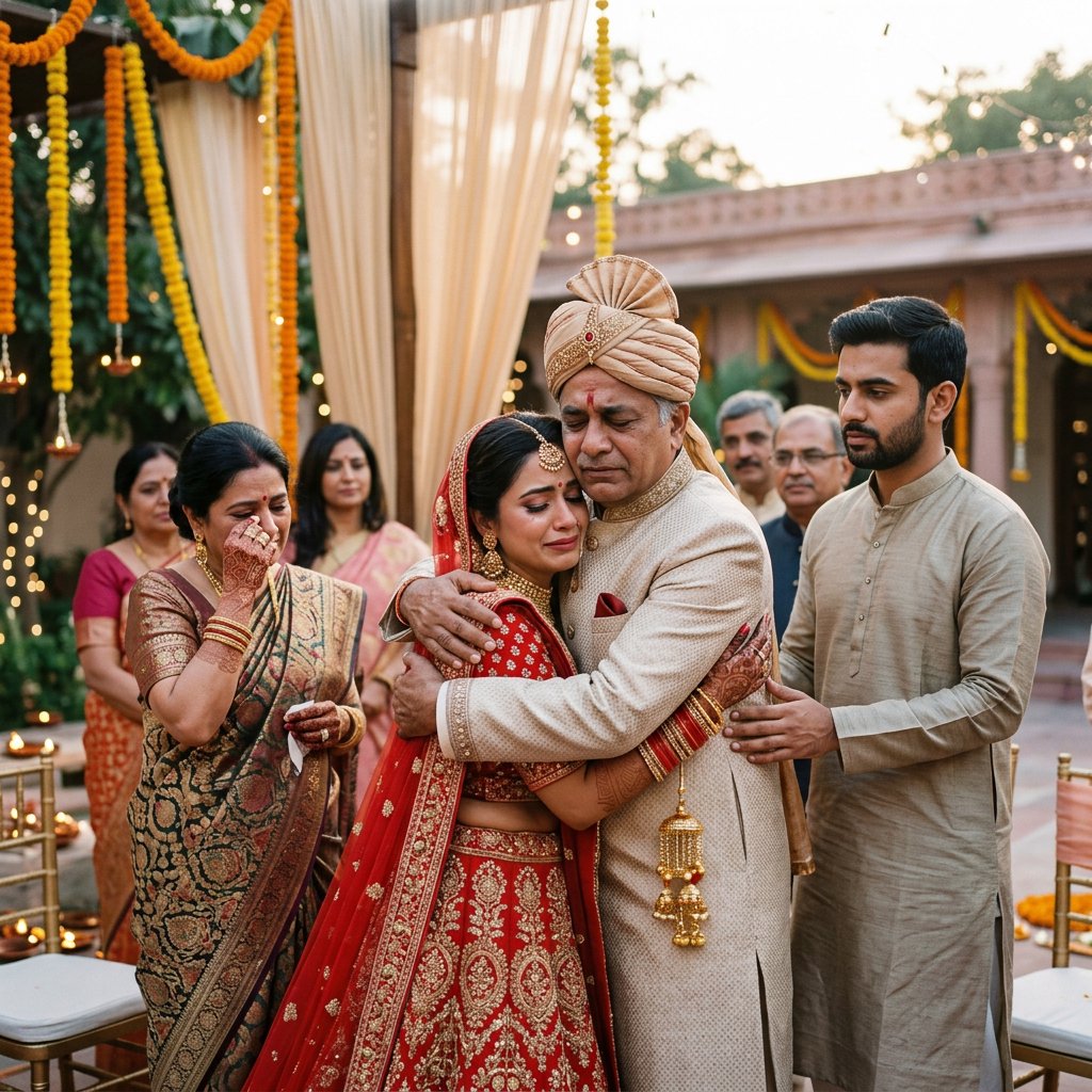 A realistic scene of an Indian wedding showing the emotions of the adult bride and her adult family members — Nano Banana 2.1