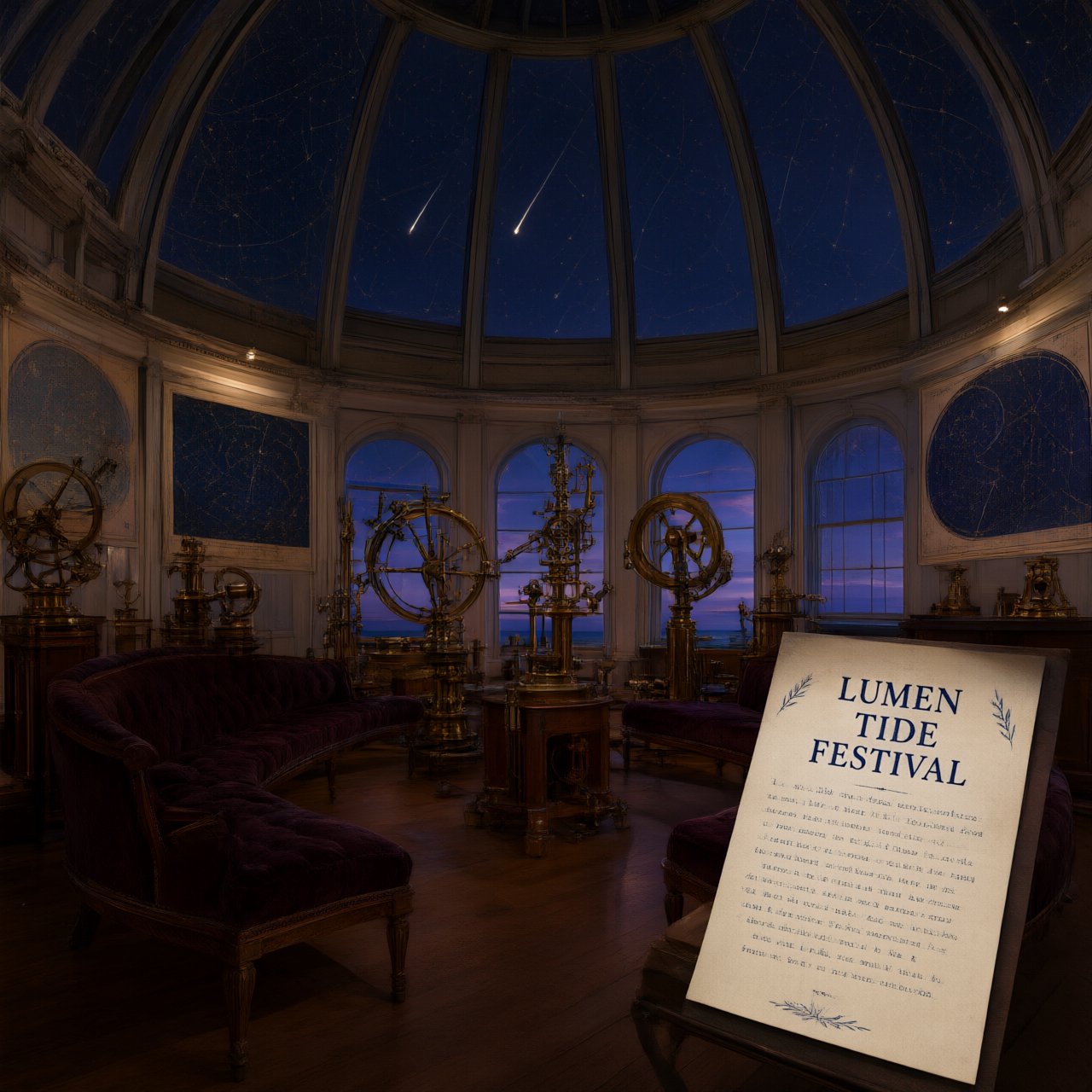 At a restored seaside observatory, a twilight meteor-watching event fills the domed hall with brass instruments, star charts, and velvet benches; "LUMEN TIDE FESTIVAL" is hand-printed in deep blue ink across a cream paper announcement beside the entrance. — Qwen Image 3.0