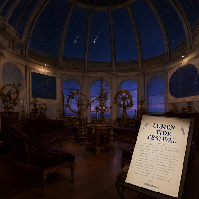 At a restored seaside observatory, a twilight meteor-watching event fills the domed hall with brass instruments, star charts, and velvet benches; "LUMEN TIDE FESTIVAL" is hand-printed in deep blue ink across a cream paper announcement beside the entrance. — Qwen Image 3.0