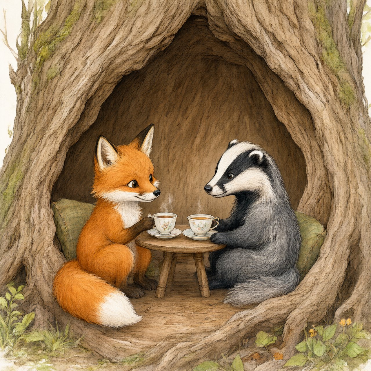 Children's book illustration of a fox and a badger sharing tea in a hollow tree, watercolour and ink, warm and gentle. — Qwen Image 3.0