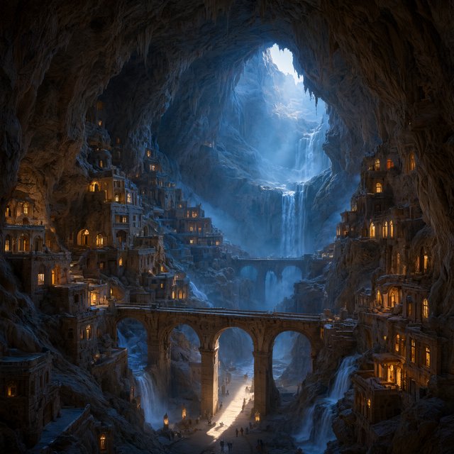 An ancient city carved inside a hollow mountain glows with windowlight, its terraced bridges spanning a blue-lit cavern while mineral mist rises around distant waterfalls and a narrow beam of sunrise reaches the deepest plaza. — Qwen Image 3.0 Pro