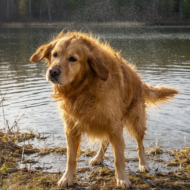 A wet golden retriever shaking off water on a lakeshore, droplets frozen mid-air, backlit by low sun, high shutter speed. — Qwen Image 3.0
