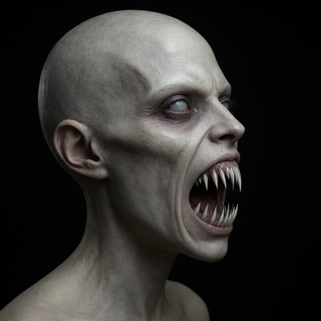 A creepy woman in side profile. Focus on the head with a slightly alien figure. Pale skin. No irises in the eyes. Mouth is open wide with very sharp, long razor teeth. Black background. Chiaroscuro effect. — Qwen Image 3.0