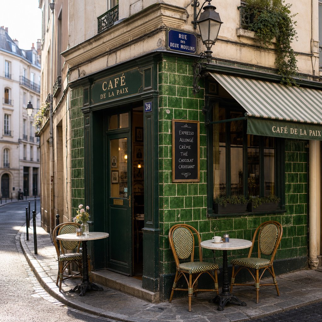 A tiny corner café in a narrow European street, green tiled facade, two bistro tables, morning light, no people. — GPT Image 2