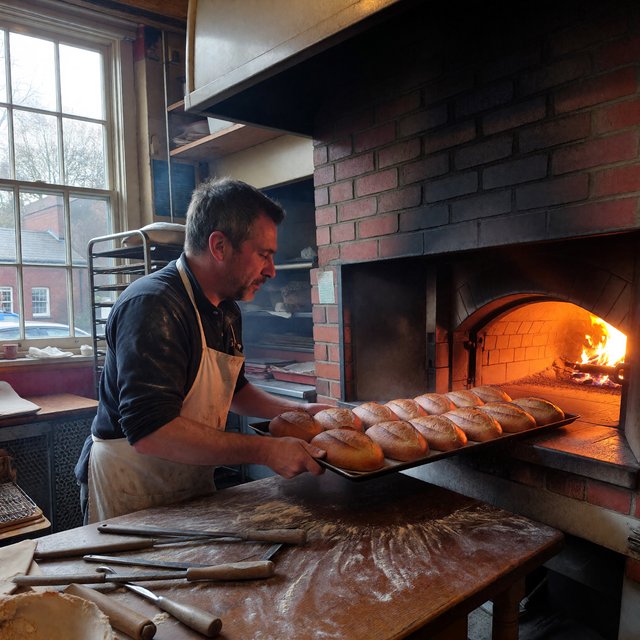 Candid documentary photograph of an adult baker sliding a tray of bread into a neighborhood bakery oven, warm oven glow mixing with gray dawn window light, 35mm lens with moderate depth of field, flour dust suspended above the workbench. — ImagineArt 1.5 Pro