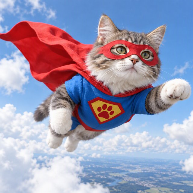A cat flying in the sky wearing a super kitty costume. — GPT Image 2.5 Flare