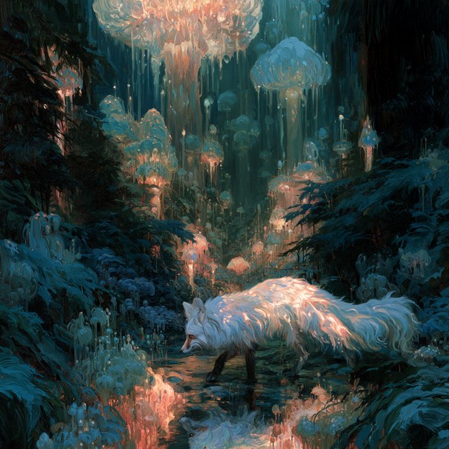 A solitary fox with fur like molten moonlight walks through an ethereal forest. Towering, bioluminescent fungi illuminate the path, casting an otherworldly glow. The style is reminiscent of early 20th-century magical realism, with bold, gestural brushstrokes akin to abstract expressionism, and a watercolor-like diffusion of light. — Model 13