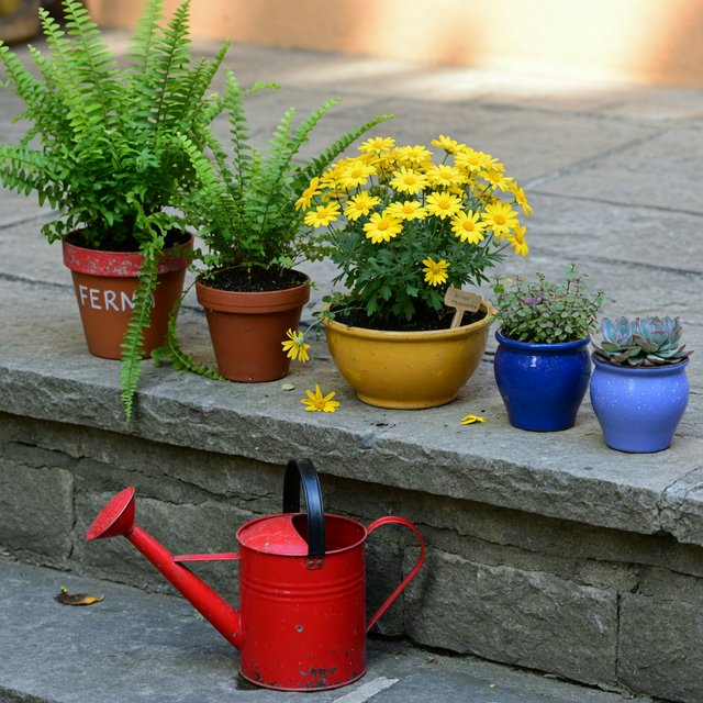 Exactly five potted plants stand on a stone ledge: two tall green ferns on the left, one flowering yellow plant in the center, and two small blue pots on the right. A red watering can sits below, nothing else. — Grok Imagine Image Quality