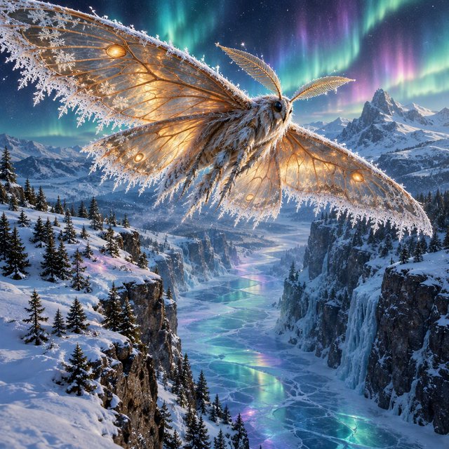 A cathedral-sized mothlike creature glides above a frozen ravine, its translucent wings veined with amber light and fringed with frost. Tiny mountain pines cling to the cliffs as aurora colors ripple across the snow. — GPT Image 2.5 Flare