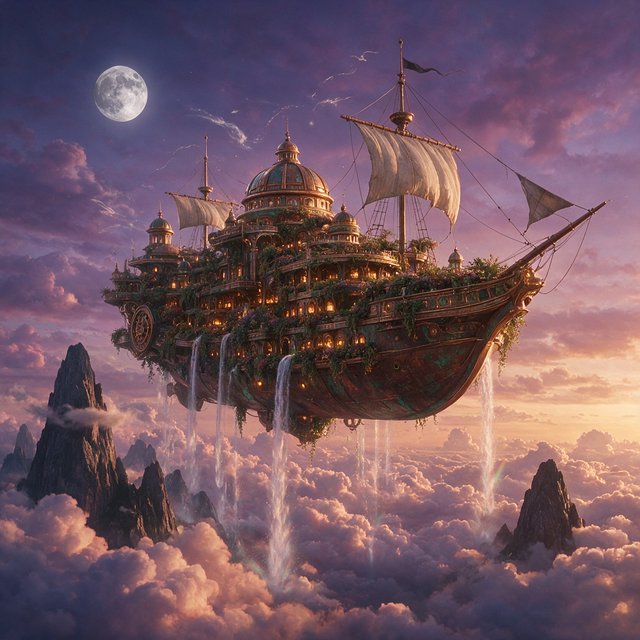 A colossal floating archive-ship drifts above storm clouds, its bronze hull wrapped in hanging gardens and luminous windows, while waterfalls spill into the sky. Distant mountain peaks pierce the cloud sea beneath a violet sunset and cold silver moonlight. — Seedream 5.0 Pro