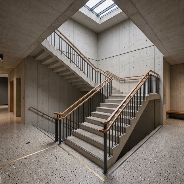 At the heart of a restrained Brutalist museum, a folded concrete stair rises beside smoked-oak handrails and terrazzo landings; skylight washes the treads, seen from the lower landing, with aligned flights and believable supports. — FLUX 3 Image
