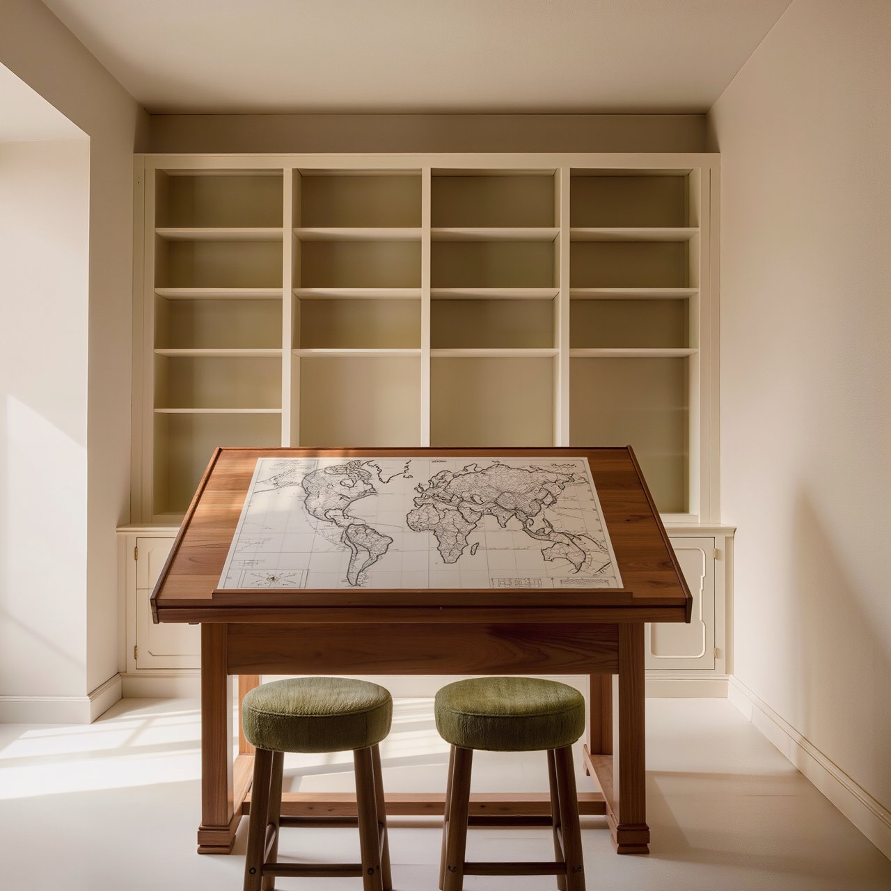A quiet mapmaking room contains exactly one walnut drafting desk at the center, two moss-green stools side by side along its west edge, and one cream bookcase against the north wall; pale morning light, nothing else. — Kling v3