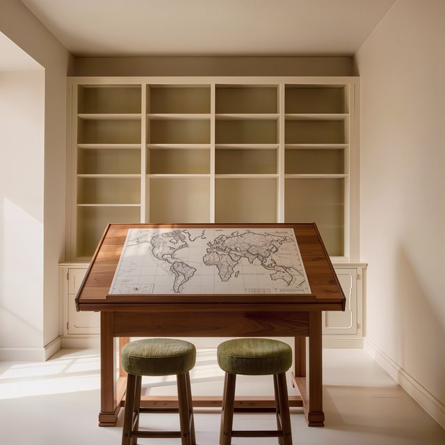 A quiet mapmaking room contains exactly one walnut drafting desk at the center, two moss-green stools side by side along its west edge, and one cream bookcase against the north wall; pale morning light, nothing else. — Kling v3