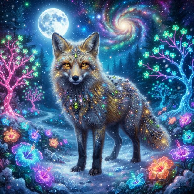 A fantasy still photography image of a majestic silver and gold fox, its fur coat features a breathtaking fiber-optic rainbow-glitter that shimmers with dense prismatic sparkles shifting vibrantly under the ethereal moonlight, the fox features deep silver undertones across its thick coat and is perched proudly in a front-facing posture, its fur is intricately adorned with embedded polished peridot and shimmering onyx that catch the glowing light, it is walking in an enchanted snow filled landscape filled with multicolored bioluminescent hibiscus flowers blooming in radiant neon shades and blooming pink bioluminescent trees with glowing green blossoms, the background features a dramatic full moon and a vibrant multicolored starry sky filled with multicolored swirling galaxy, a soft ethereal glow illuminates the fox's commanding silhouette, razor-sharp focus on its piercing golden eyes, magical realism style, fantasy art. — Nano Banana 2 Lite