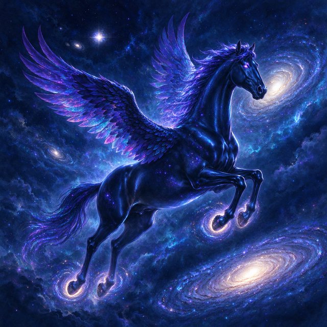 A majestic winged horse, with iridescent feathers and a coat like polished obsidian, is soaring through a celestial realm filled with nebulae and shimmering stardust. Around its hooves, tiny galaxies spiral outwards. The style is reminiscent of intricate fantasy illustration, with glowing, ethereal colors and a sense of deep cosmic wonder — Seedream 5.0 Flash