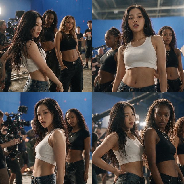 Realistic adult Korean, Black, and mixed-race female rappers filming a music video, all wearing fitted clothes. The music video is about how they are making money and are set to rule, with a really cool, laid-back vibe, shown from many angles. — Seedream 5.0 Pro