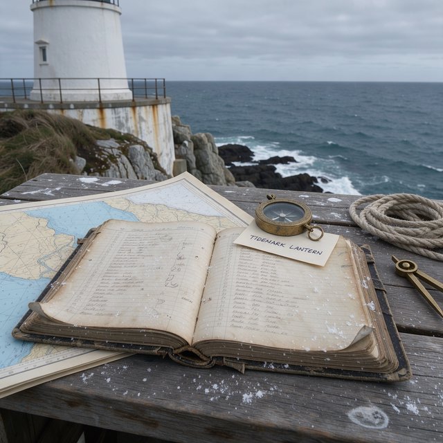 Beside a cliffside lighthouse, a salt-speckled logbook lies open on a chart table; "TIDEMARK LANTERN" is handwritten in looping dark-blue ink across a cream note tucked beneath the compass, with no other legible writing. — FLUX 3 Image
