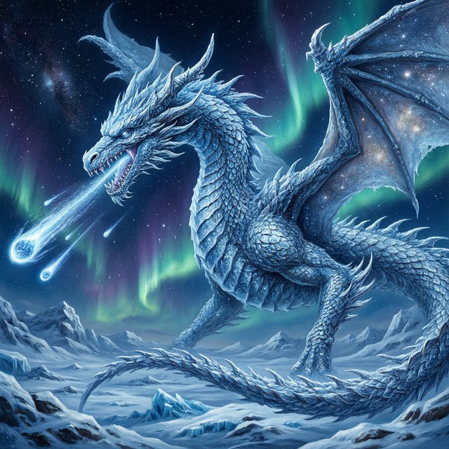 A majestic dragon made of pure starlight and frozen cosmic dust, soaring through a celestial winter landscape. Its scales shimmer with the light of a thousand galaxies, and its breath is a trail of icy comets. The background features swirling aurora borealis over a frozen, mountainous terrain. The style is a blend of painterly fantasy art and surrealism. — Qwen Image 3.0 Pro