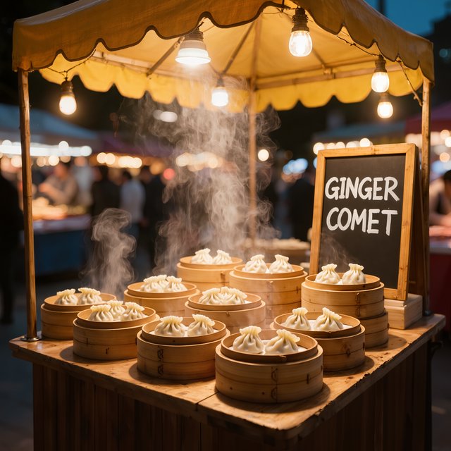 Steam curls above baskets of dumplings at a lively night-market stall, lantern light warming its canvas canopy; "GINGER COMET" is chalked in bold white letters on a blackboard beside the serving counter. — Kling v3