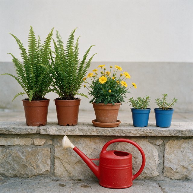 Exactly five potted plants stand on a stone ledge: two tall green ferns on the left, one flowering yellow plant in the center, and two small blue pots on the right. A red watering can sits below, nothing else. — Seedream 5.0 Pro