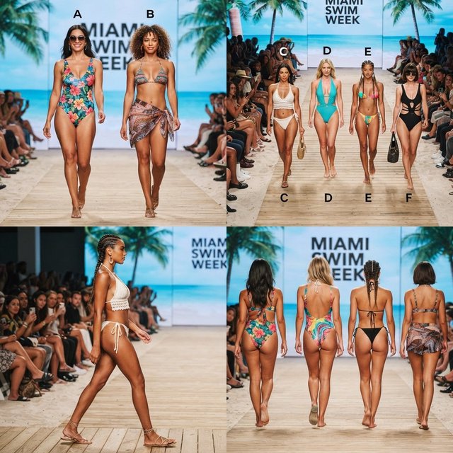 Realistic adult female models on the runway in beachwear. 4–7 models. Full front, back, side, and aerial views. — Model 11