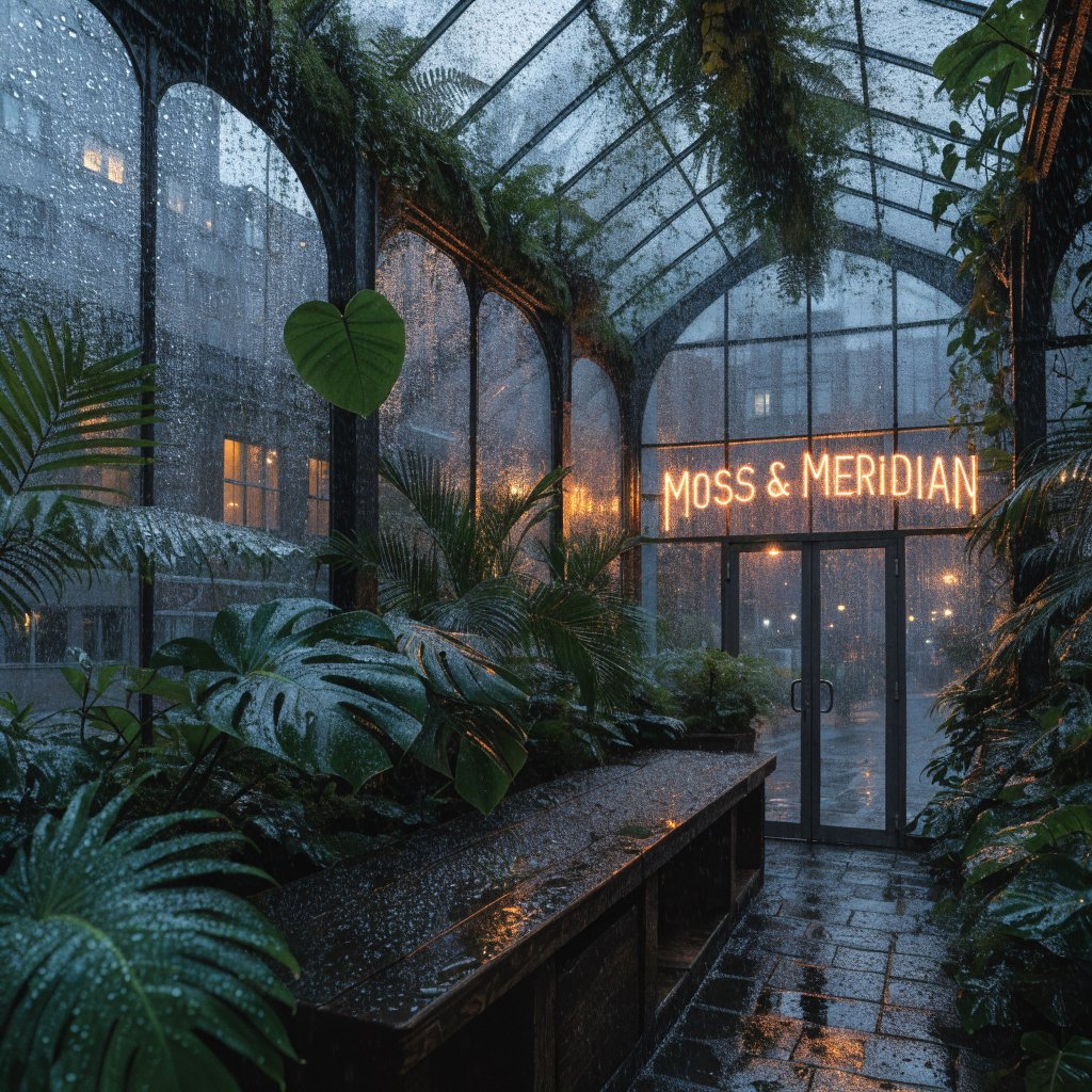 Inside a rooftop greenhouse at blue hour, tropical leaves crowd iron beams above a quiet potting bench; "MOSS & MERIDIAN" glows in warm amber neon along the glass entrance, with rain beads catching the light. — Recraft v4