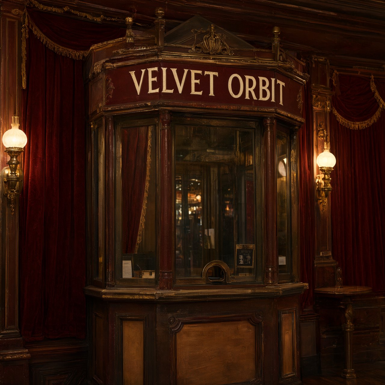 In a restored neighborhood cinema, brass sconces illuminate velvet curtains and a glass ticket booth; "VELVET ORBIT" is painted in ivory block letters across the booth’s burgundy fascia. — Qwen Image 3.0 Pro
