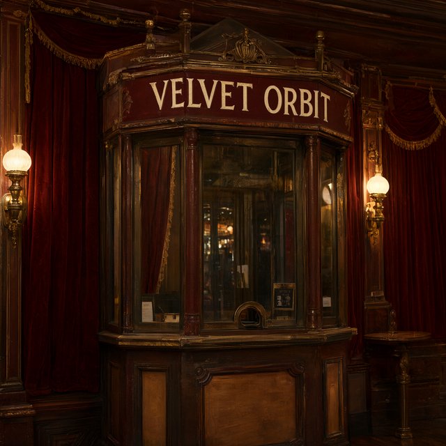 In a restored neighborhood cinema, brass sconces illuminate velvet curtains and a glass ticket booth; "VELVET ORBIT" is painted in ivory block letters across the booth’s burgundy fascia. — Qwen Image 3.0 Pro