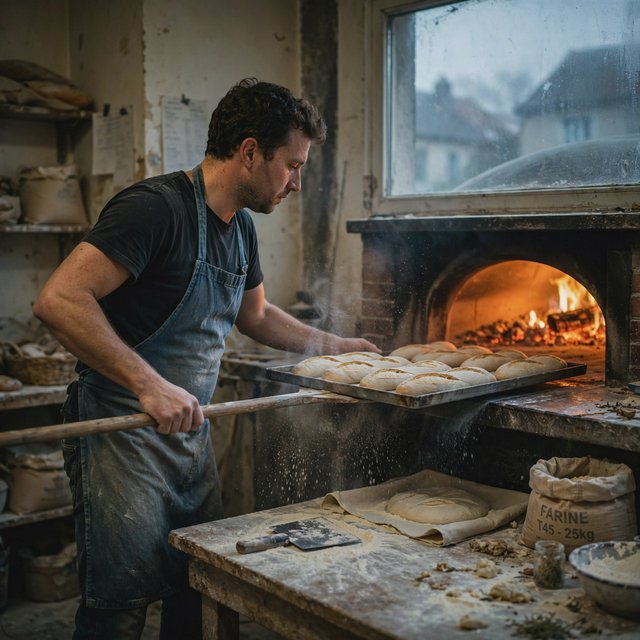 Candid documentary photograph of an adult baker sliding a tray of bread into a neighborhood bakery oven, warm oven glow mixing with gray dawn window light, 35mm lens with moderate depth of field, flour dust suspended above the workbench. — Muse Image 1.0