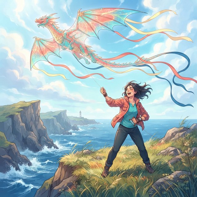 Cel-shaded anime illustration of an adult kite maker testing a vast translucent dragon-shaped kite on a windy coastal bluff, ribbons streaming above wild grasses and distant cliffs. Palette of coral, turquoise, butter yellow, and deep blue, with clean contours and a luminous sky. — Nano Banana 2 Lite