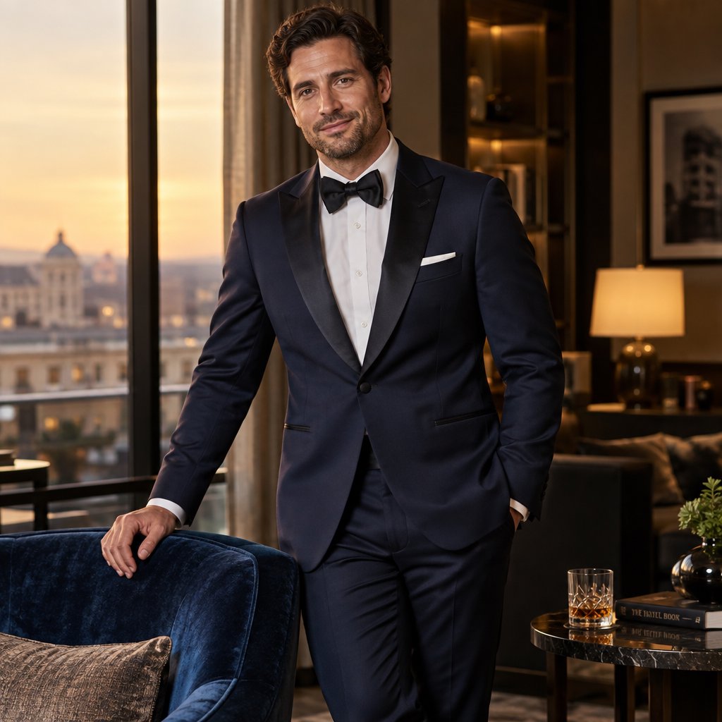 Editorial glamour photograph of an adult man in a midnight-blue tuxedo, standing naturally beside a velvet chair in a quiet hotel lounge, flattering amber window light, relaxed expression, polished magazine composition. — GPT Image 2.5 Sunburst