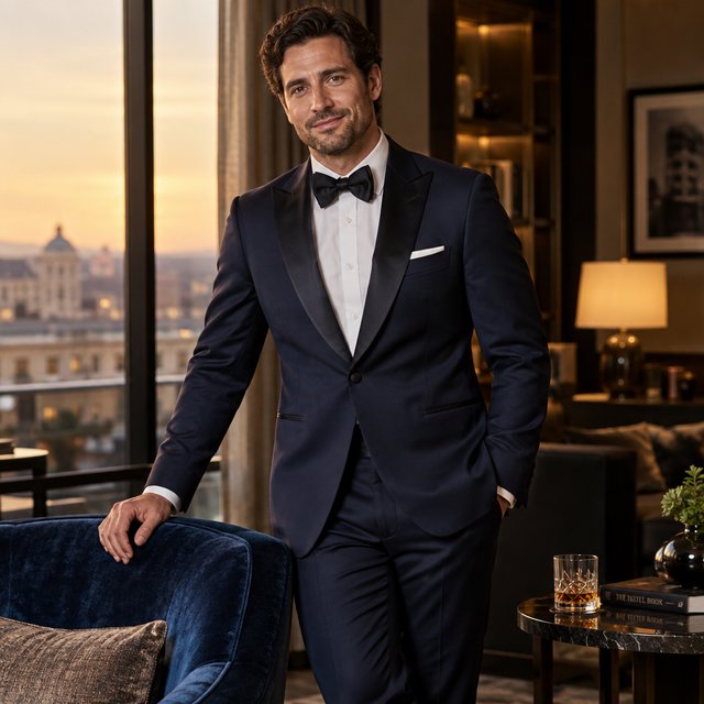 Editorial glamour photograph of an adult man in a midnight-blue tuxedo, standing naturally beside a velvet chair in a quiet hotel lounge, flattering amber window light, relaxed expression, polished magazine composition. — GPT Image 2.5 Sunburst
