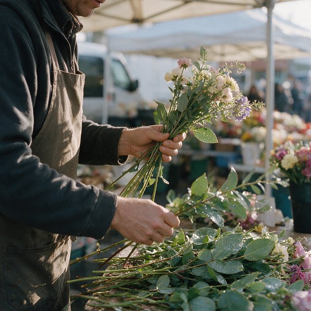 Candid documentary photograph of an adult florist arranging loose stems at an outdoor market stall, soft early-morning side light, 50mm lens with shallow depth of field, tiny water droplets beading on the cut leaves. — Seedream 5.0 Pro