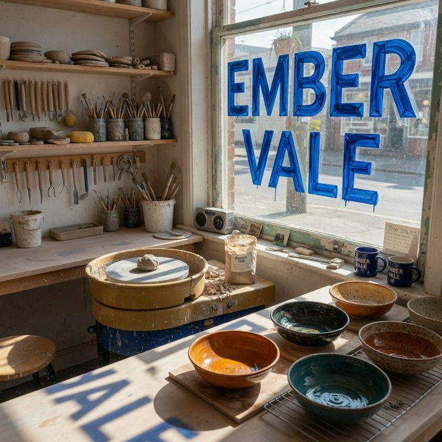 Inside a sunlit ceramics studio, glazed bowls dry beside a turning wheel and shelves of clay tools; "EMBER VALE" is painted in cobalt capitals on the front window. — Grok Imagine Image Quality