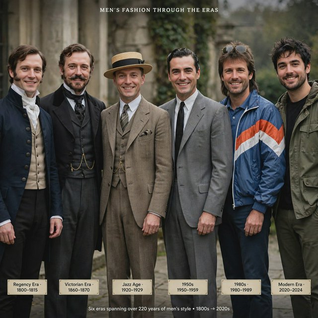 A realistic image only, showing nice outfits worn by adult men from at least 4–6 different eras. Mention the time range for each era. — Muse Image 1.0