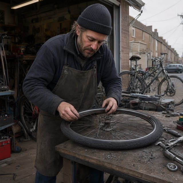 Candid documentary photograph of an adult bicycle mechanic repairing a flat tire outside a neighborhood workshop, soft overcast daylight, 35mm lens with moderate depth of field, greasy fingerprints, dust, and tiny metal shavings visible on the workbench. — Qwen Image 3.0