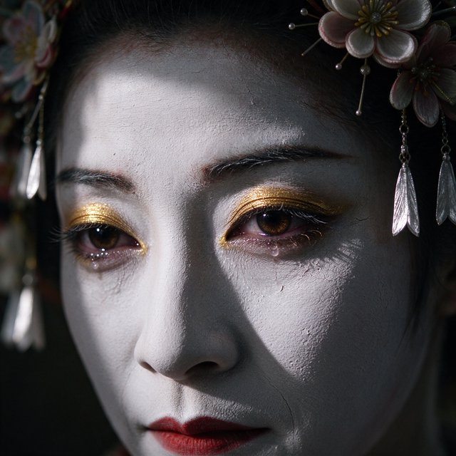 Extreme close-up macro photography of a Geisha's face. The focus is on her eyes, revealing intense emotion and hyper-realistic detail. Her skin is covered in traditional white 'Oshiroi' makeup, showing subtle, realistic cracking and skin texture. Dramatic Chiaroscuro lighting with deep shadows and a single soft light source highlighting the shimmer in her golden eyeshadow and the wetness of her eyes. Ornate kanzashi (hair ornaments) visible in the blurred periphery with intricate silk flowers and dangling silver petals. Cinematic composition, shot on 100mm macro lens, incredibly detailed eyelashes and iris patterns. — Model 19