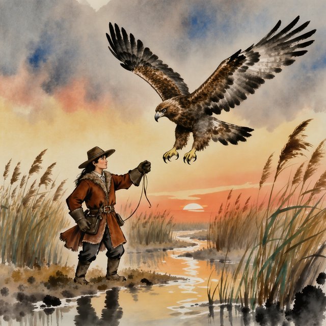 Ink-and-gouache illustration of an adult falconer releasing a hawk above a salt marsh, reeds bending in the wind and tidal pools catching sunset. Palette of rust, moss green, pale gold, and slate blue, with lively brushwork. — Kling v3 Omni