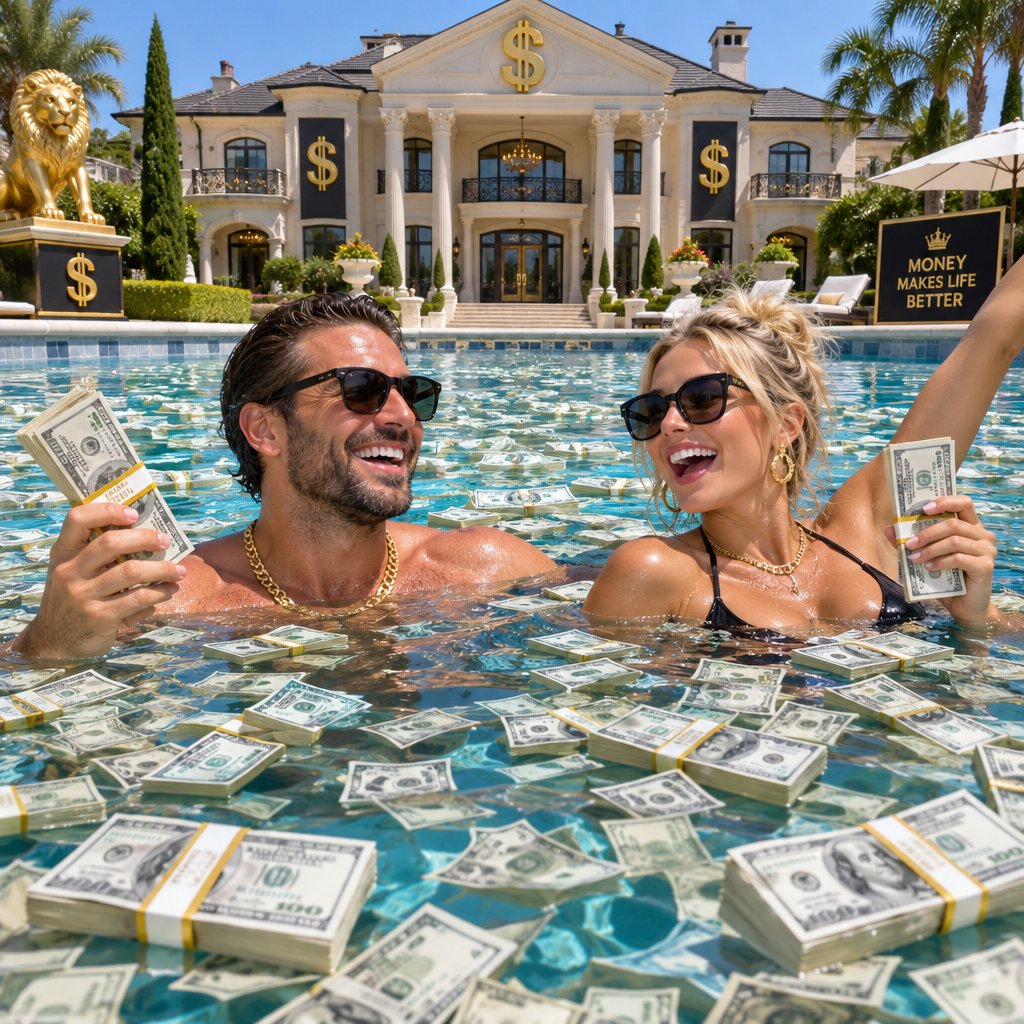 A wealthy adult couple swimming in a huge pool full of money, near a huge mansion with dollar signs on it, with a fun, happy vibe. — GPT Image 2.5 Flare