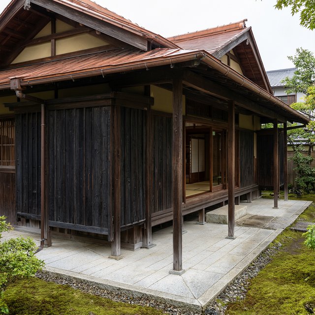 Exterior of a Kyoto-inspired contemporary teahouse in restrained Japanese timber architecture, charred cedar screens, pale granite, and a copper-clad roof; soft rain-bright afternoon light, viewed obliquely from a moss garden path, precise joinery and credible structure. — Qwen Image 3.0 Pro