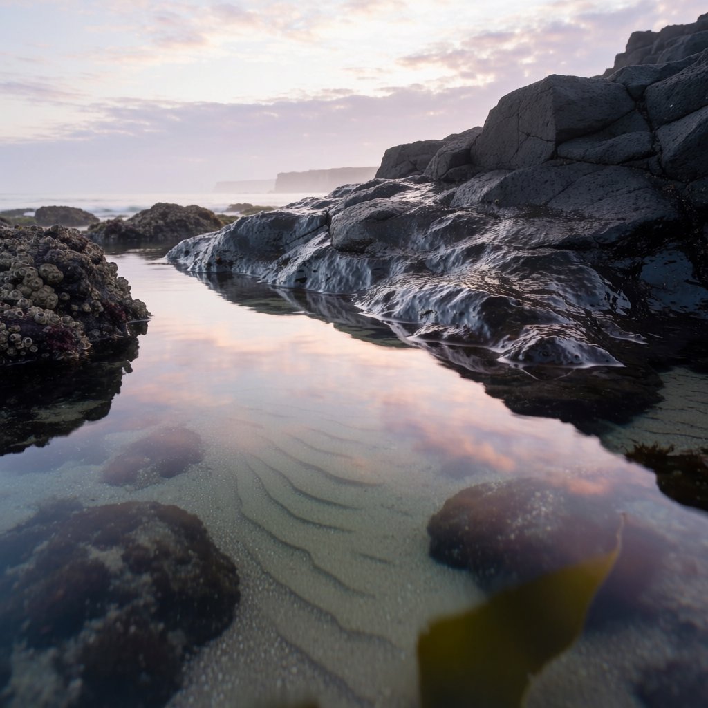 At dawn on a rugged basalt shore, a tide pool mirrors clearing rain clouds; translucent water reveals rippled sand, barnacle-crusted rock, and blurred kelp below the surface, with slick foreground stone leading toward hazy coastal cliffs. — Krea 2 Medium