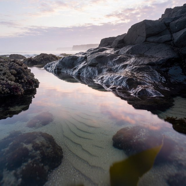 At dawn on a rugged basalt shore, a tide pool mirrors clearing rain clouds; translucent water reveals rippled sand, barnacle-crusted rock, and blurred kelp below the surface, with slick foreground stone leading toward hazy coastal cliffs. — Krea 2 Medium