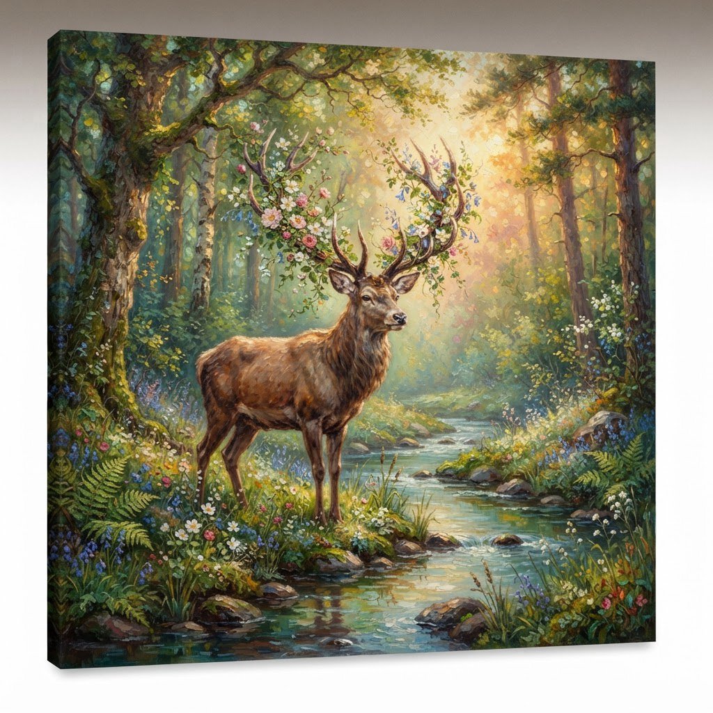 A majestic deer, its antlers intertwined with blooming vines, pauses by a crystal-clear stream in an enchanted glade. Sunlight filters through the canopy, dappling the forest floor. This is an oil painting with a rich, textured surface, capturing the dreamlike atmosphere of the scene. — Nano Banana 2 Lite