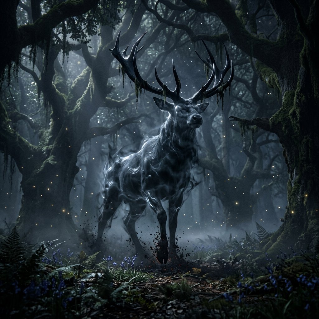 Low-angle wide shot, ancient overgrown oak forest at midnight: a colossal ghost stag looms, its semi-transparent form woven from swirling inky mist threaded with liquid silver moonlight. Polished obsidian antlers cut through shadow, jagged edges catching faint starlight, moss dangling from their points. Heavy hooves press into the loamy forest floor, wild bluebells and ferns curling black and crumbling to ash beneath each step. Hundreds of faint gold fireflies drift slowly through thick volumetric fog, their glows diffused in the haze. Deep indigo and charcoal color palette, somber quiet dread, atmospheric dark fantasy aesthetic, soft dappled moonlight filtering through a gnarled canopy, cinematic depth of field, sharp fine edges on the stag's antlers and decaying foliage. — Nano Banana 2.1