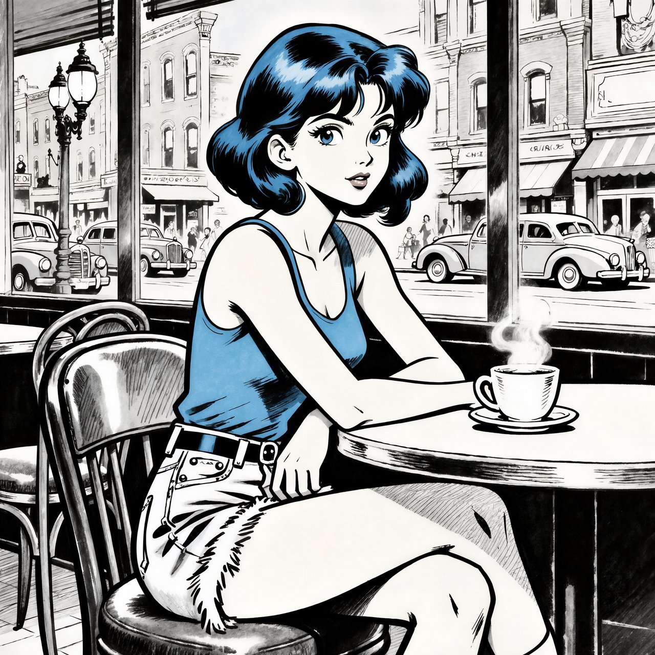 Classic American adventure-comic art with a strong 1930s–1950s pulp and Hollywood glamour influence. Exceptionally polished pen-and-ink draftsmanship, elegant controlled outlines, varied line weight, precise feathering, restrained crosshatching, and carefully placed solid blacks. Realistic but gracefully idealized anatomy, believable weight and balance, expressive naturalistic faces, and subtle character acting. Attractive characters with vintage glamour, sculpted features, and meticulously rendered hair. Strong three-dimensional form, convincing fabric folds, polished metal, leather, and other materials rendered with clarity and care. Romantic retro adventure atmosphere, richly detailed without clutter. Traditional hand-inked comic look, restrained flat colors. Avoid modern superhero exaggeration, extreme musculature, heavy digital rendering, and photorealism. A beautiful Asian woman sits at a cafe table, legs crossed. Blue tank top, torn shorts, sneakers, short bob hair dyed blue. — Kling v3 Omni