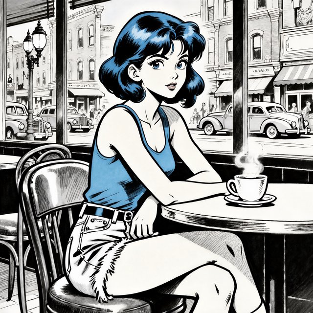 Classic American adventure-comic art with a strong 1930s–1950s pulp and Hollywood glamour influence. Exceptionally polished pen-and-ink draftsmanship, elegant controlled outlines, varied line weight, precise feathering, restrained crosshatching, and carefully placed solid blacks. Realistic but gracefully idealized anatomy, believable weight and balance, expressive naturalistic faces, and subtle character acting. Attractive characters with vintage glamour, sculpted features, and meticulously rendered hair. Strong three-dimensional form, convincing fabric folds, polished metal, leather, and other materials rendered with clarity and care. Romantic retro adventure atmosphere, richly detailed without clutter. Traditional hand-inked comic look, restrained flat colors. Avoid modern superhero exaggeration, extreme musculature, heavy digital rendering, and photorealism. A beautiful Asian woman sits at a cafe table, legs crossed. Blue tank top, torn shorts, sneakers, short bob hair dyed blue. — Model 10