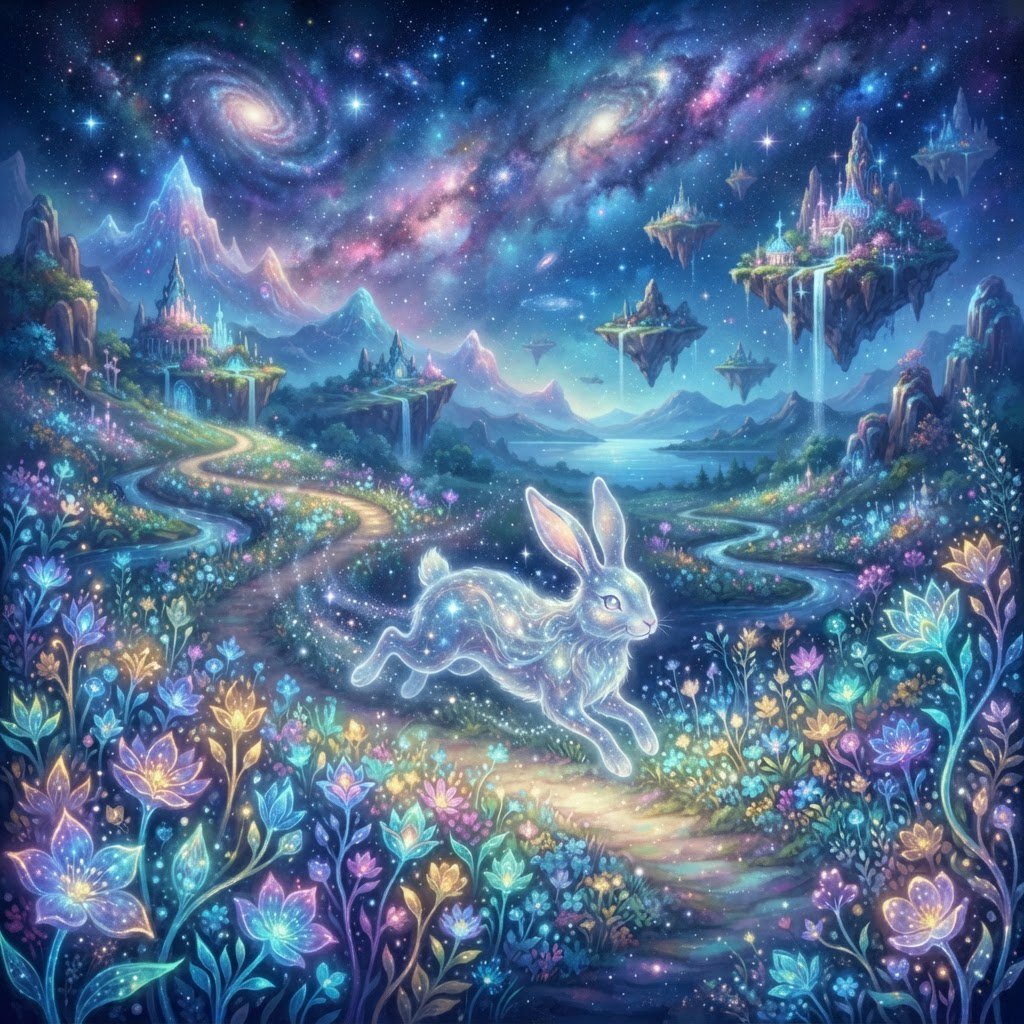 An ethereal rabbit, its fur made of shimmering moonlight, hops through a field of glowing, otherworldly flowers under a sky filled with nebulae. The landscape is dreamlike and surreal, with floating islands in the distance. The style is a delicate digital painting with fantasy elements, evoking a sense of wonder and tranquility. — Nano Banana 2 Lite