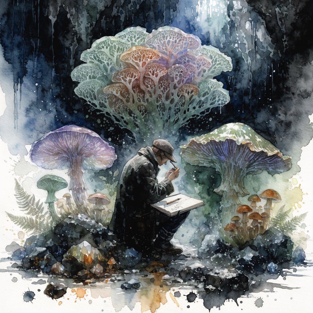 Watercolour illustration of an adult botanist studying luminous fungi in a misty cave, with fern fronds, glistening stone and drifting spores. Palette of jade, lilac, amber, and deep indigo, with translucent washes. — Recraft v4