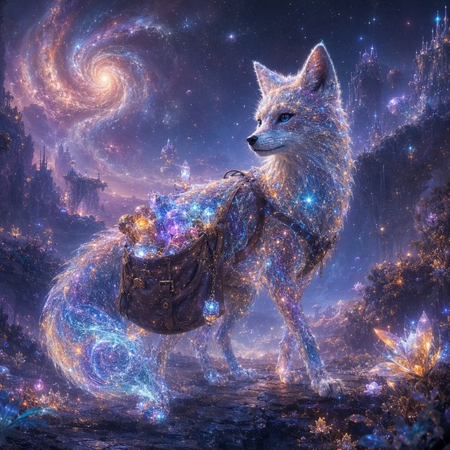 A celestial fox made of stardust and nebulae, carrying a satchel overflowing with glowing cosmic jewels, journeys through an ethereal dreamscape. Swirling galaxies and bioluminescent flora fill the background. The scene is rendered in a surreal, photorealistic style, emphasizing intricate details and a sense of infinite wonder. — GPT Image 2