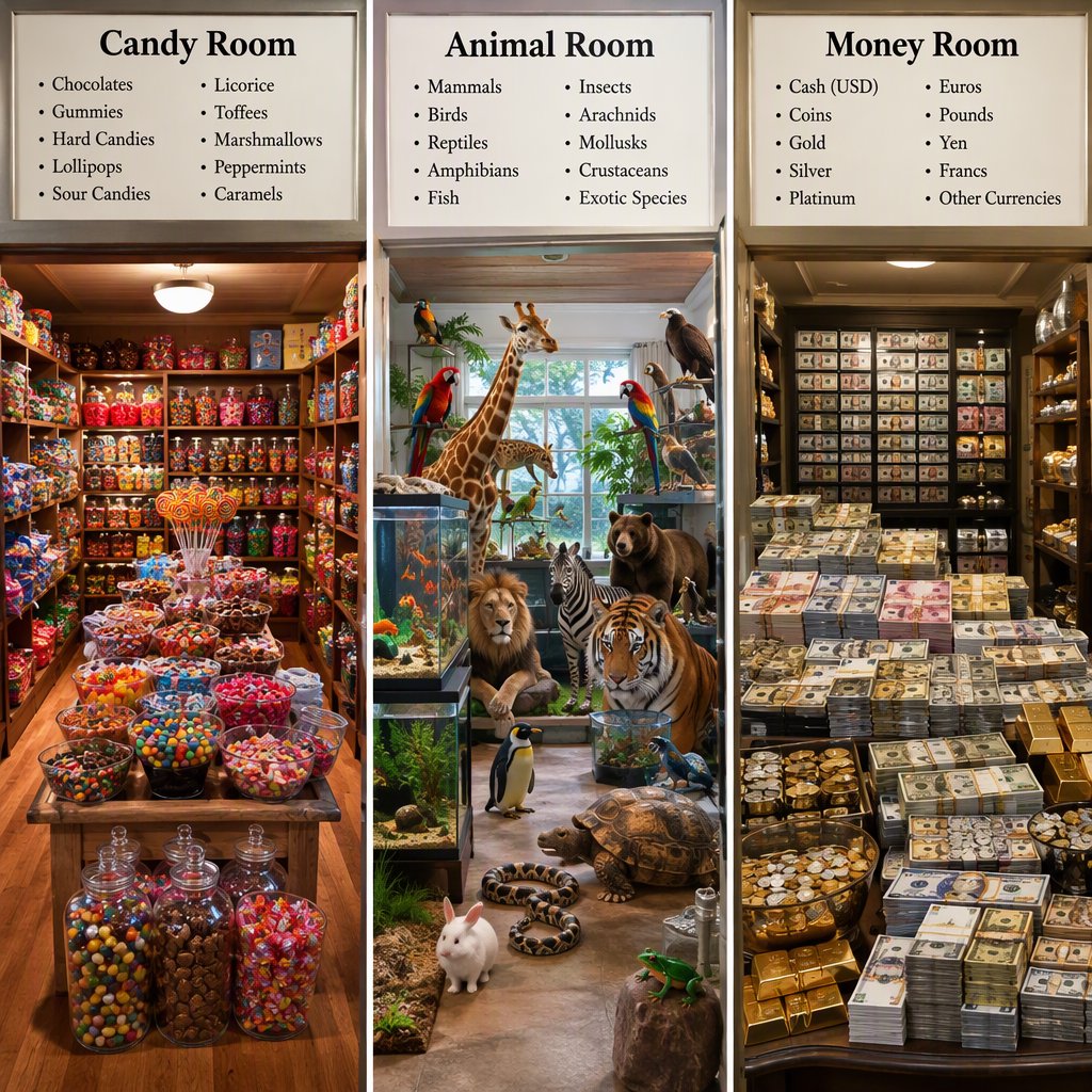 Realistic. Three scenes in one. 1) A room filled with many types of candy. 2) A room filled with many kinds of animals. 3) A room filled with all kinds of money. Above each room, a list names what is inside. — GPT Image 2.5 Flare